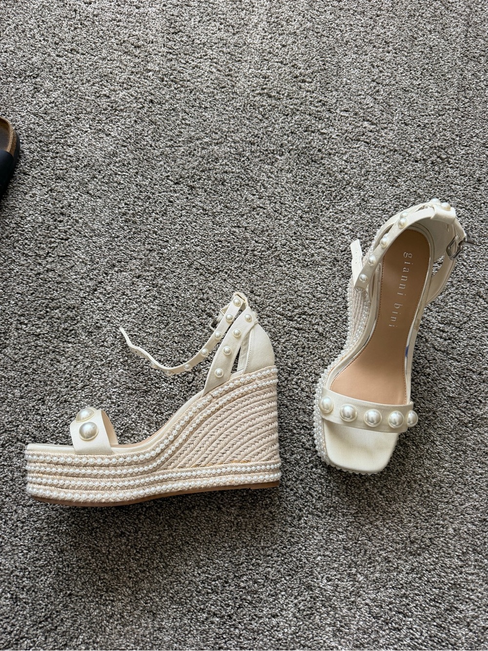 Gianni Bini Ivory Pearl-Embellished Platform Wedge Sandals - Picture 4 of 5